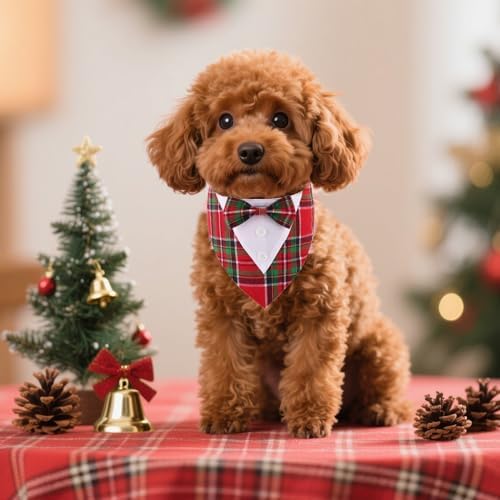 ADOGGYGO Christmas Dog Tuxedo Bandana, Red Green Plaid Pet Xmas Collar with Bow, Adjustable Christmas Costume for Extra Small Dogs (XS)