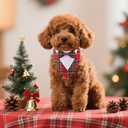 ADOGGYGO Christmas Dog Tuxedo Bandana, Red Green Plaid Pet Xmas Collar with Bow, Adjustable Christmas Costume for Extra Small Dogs (XS)