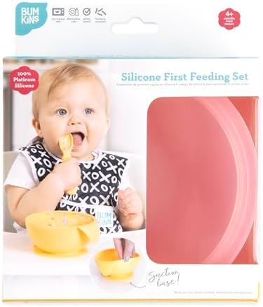 Bumkins Feeding Set with Suction, Includes Spoon and Lid, Training Essentials for Baby-Led Weaning, Toddler Self-Feeding, Babies Eating at 4 Mos Up, Pink Jelly
