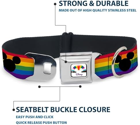 Disney Pet Collar, Dog Collar Metal Seatbelt Buckle, Mickey Mouse Ears Icon Rainbow Pride Flag, 15 to 24 Inches 1.0 Inch Wide