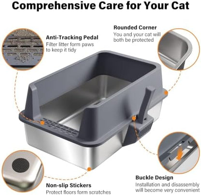 Stainless Steel Litter Box with Lid,XL Extra Metal Cat Litter Box