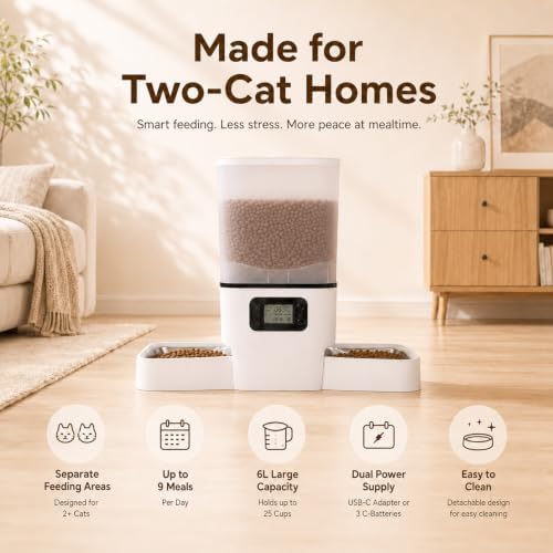 Automatic Cat Feeder for 2 Cats & Small Dog, 6L Large Capacity for Dry Food