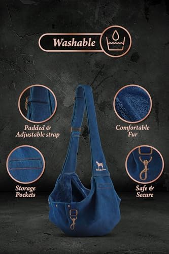 Noah & Paw Dog Sling Carrier for Small Dogs 5-18lb, Dog Sling for Small Dogs and Cats, Dog Carrier with Adjustable Padded Strap, Premium Denim, Lined with Fur, Double Safety Feature, Machine Washable