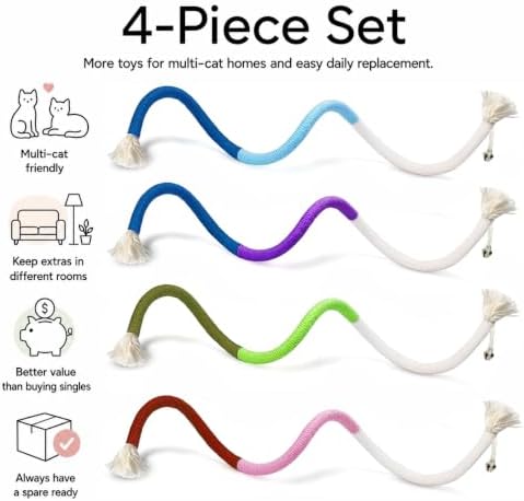 4-Pack Cat Toys for Indoor Cats, Woven Cotton Rope Toys with Bells