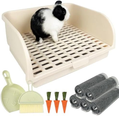 Rabbit Litter Box for Cage with Grate, Large Rabbit Litter Pan for Bunny, Ferret, Guinea Pig, Chinchilla, Easy Clean Small Animal Potty Tray for Toilet Training (Cream)