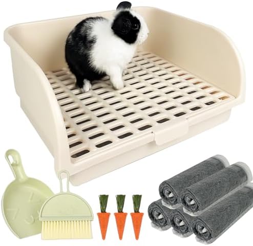 Rabbit Litter Box for Cage with Grate, Large Rabbit Litter Pan for Bunny, Ferret, Guinea Pig, Chinchilla, Easy Clean Small Animal Potty Tray for Toilet Training (Cream)