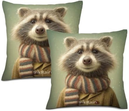 InkRain Winter Animal Cute Raccoon Pillow Cover 16x16 Inch Set of 2 Home Decor Decorative Cotton Linen Illustration Pillowcases for Living Room House Sofa