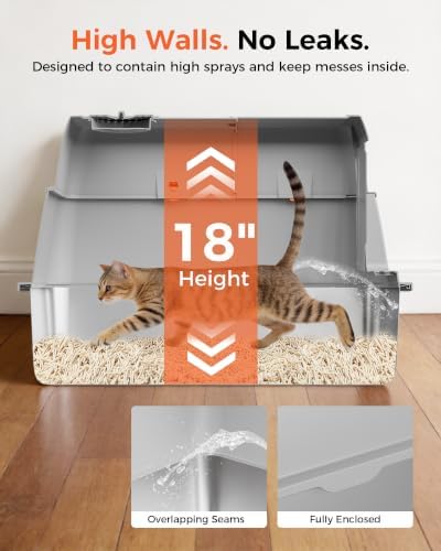 GTPLAYER XXL Stainless Steel Cat Litter Box with Lid, High Sided Enclosed Cat Litter Box, Activated Carbon Odor Control, Extra Large Metal Litter Box, Anti-Leak, with Mat & Scoop, Sliver