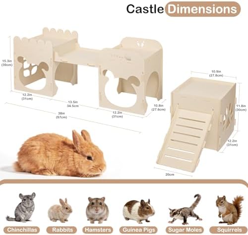 Extra Large Rabbit Castle, Wooden Bunny House & Training Bridge, Detachable Rabbit Hideaway, Indoor Hamster Castle with Ramp, Small Animal Houses & Habitats for Guinea Pig Chinchilla Ferret(2+1 House)