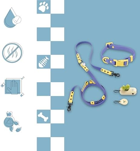 WLK1004C-5SET Luna Small 8FT Adjustable 6-in-1 Waterproof Hands-Free Leash and Collar with LED Flashlight, Bag Dispenser, and Poop Bag Holder, Curaçao