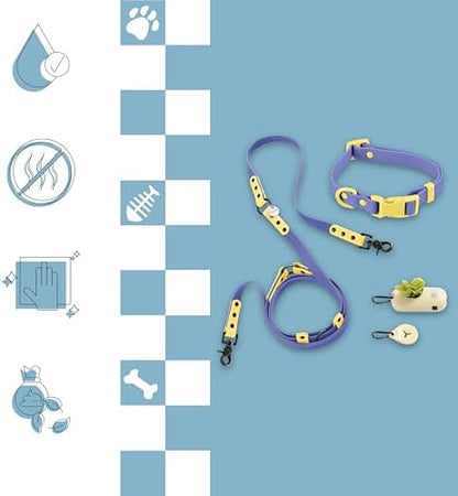 WLK1004C-5SET Luna Small 8FT Adjustable 6-in-1 Waterproof Hands-Free Leash and Collar with LED Flashlight, Bag Dispenser, and Poop Bag Holder, Curaçao