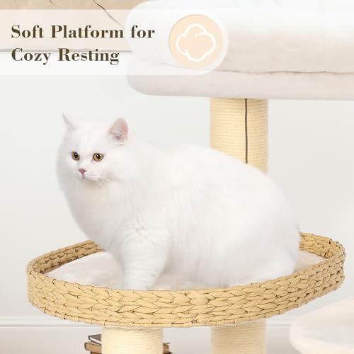 44.8in Modern Cat Tree, White Cat Condo Cats Tower with Cozy Bed & Sisal Scratching Posts, Scratching Ramp and Comfort Basket for Indoor Cats