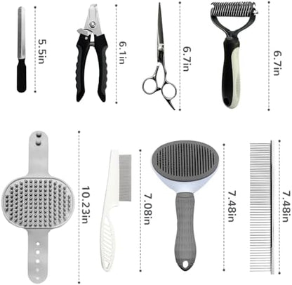 Dog Brush & Grooming Kit – 9-Piece Pet Brush & Deshedding Set for Shedding, Bathing, Trimming & Nail Care | Grooming Tools for Dogs & Cats, Includes Comb, Nail Clipper, Scissors, Slicker Brush (Gray)