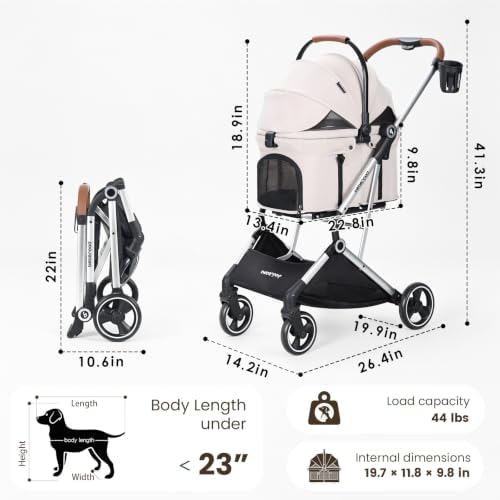 T3 Pro Pet Stroller for Small Dog & Cats up to 44 lbs (Beige)