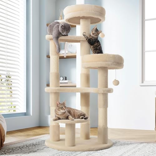 Allewie 55.5 in Cat Tree for Indoor Kitties/Soft Plush Perches/Multi-Level Cat Tower/Sisal Scratching Posts/Crescent Plates/Round Jumping Board/Hanging Ball/Pet Activity Center/Beige