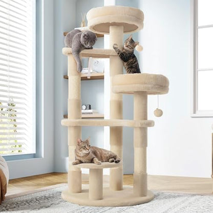 Allewie 55.5 in Cat Tree for Indoor Kitties/Soft Plush Perches/Multi-Level Cat Tower/Sisal Scratching Posts/Crescent Plates/Round Jumping Board/Hanging Ball/Pet Activity Center/Beige