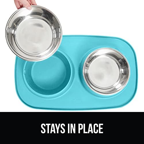 GORILLA GRIP Dog Bowl with Feeding Mat, 304 Stainless Steel 2 Cup Turquoise
