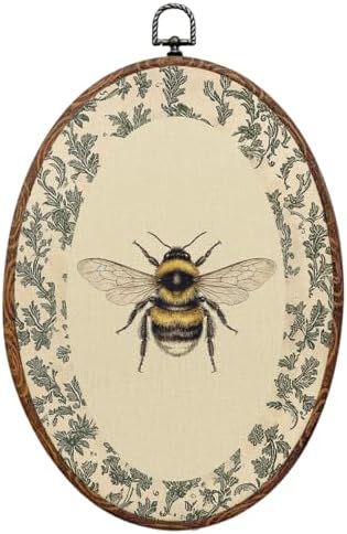 Vintage Bee Oval Framed Wall Art, Cottagecore Floral Canvas Art Wall Decor，Rustic Garden Botanical Bathroom Hanging Decor Painting Artwork for Home Bedroom Living Room Office Bedroom 8.3x12inch