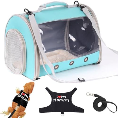 Small Animal Travel Backpack Carrier,Portable Bearded Dragon Bag for Sugar Glider,Hedgehog,Rat,Bunny,Rat,Outdoor Used (Green, Carrier L+ I Leash)