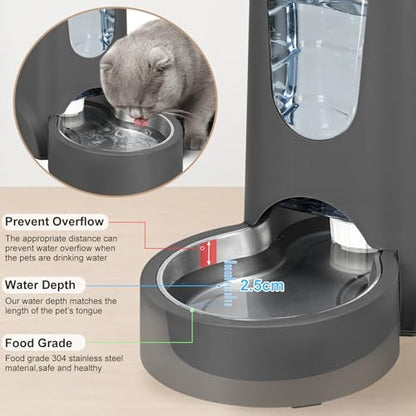 2 Pack Automatic Cat Feeder and Gravity Stainless Steel Water Dispenser, Dog Food Feeder and Waterer Set for Small Medium Puppy Kitten Pets (1 Gallon x 2, Gray)
