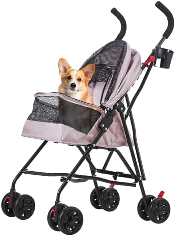 Pet Stroller Oxford Cloth Foldable Dog Strollers for Small Dogs and Cats Suitable for All Road Surfaces Wide-View Panoramic Window 4 Wheels with Brakes Portable Design, Easy to Store (Pink)