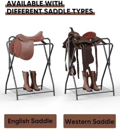 Queension Foldable Saddle Rack with Bottom Storage for Horse Stable, Black