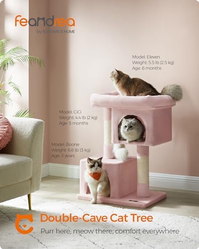 Feandrea Cat Tree, 33.1-Inch Cute Cat Tower, Plush Kitten Condo, Jelly Pink