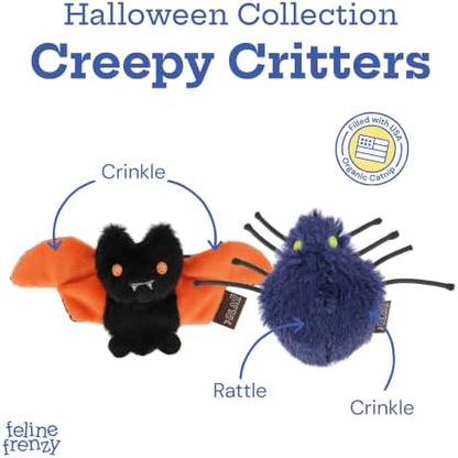 P.L.A.Y. Cute Cat Toys - Feline Frenzy Halloween Themed Catnip Filled Crinkle Toys, Great for Adult Cats & Kittens - Machine Washable, Double Stitched, Recycled Materials (Creepy Critters, Set of 2)