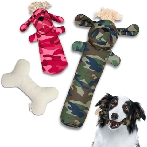 Durable Tough Cotton Canvas Squeaky Dog Toys, Eco-Friendly Interactive3-Pack Chew Toy Set for Small, Medium& Large Dogs, Sarge, T-Bone & Pinky