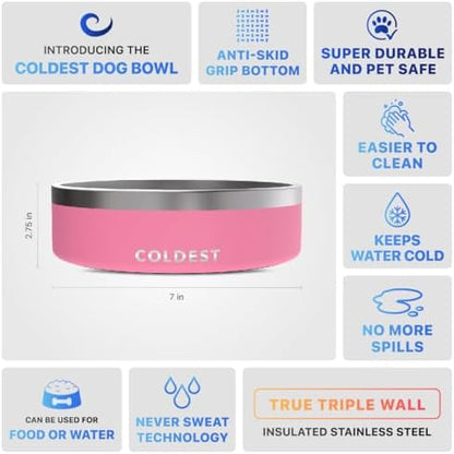 Coldest Dog Bowl - Anti Rust Metal, Non Slip, 3 Layers Insulated Stainless Steel Dog Bowls - Spill Proof & Heavy Duty - Water Bowl for Dogs, Cats & Pets, Dish Washer Safe (42 oz,Cotton Candy Pink)