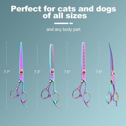 GLADOG Pro Rainbow 7 Inch Professional Pet Grooming Scissors Kit, 6-in-1 Dog Scissors, Titanium Coated, Stainless Steel, Right Handed, 5 Count