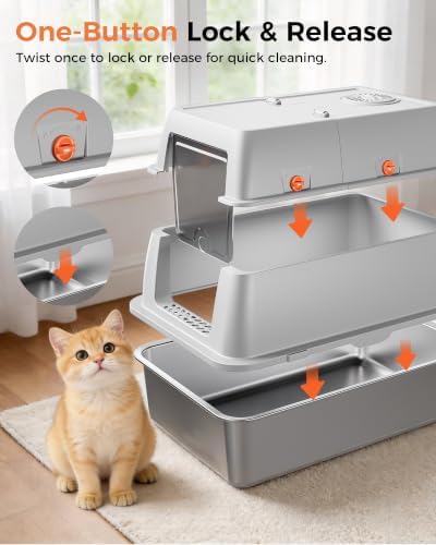 GTPLAYER XXL Stainless Steel Cat Litter Box with Lid, High Sided Enclosed Cat Litter Box, Activated Carbon Odor Control, Extra Large Metal Litter Box, Anti-Leak, with Mat & Scoop, Sliver