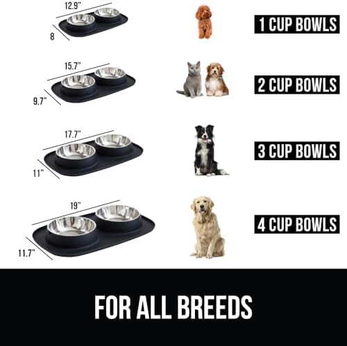 GORILLA GRIP Dog Bowl Set with Feeding Mat, 304 Stainless Steel 4 Cup Black