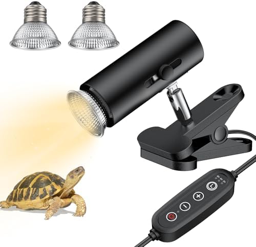 Pawfly Reptile Heat Lamp, Terrarium Basking Spot Lamp with 2 Pack 50 W UVA UVB Bulbs, Timer & Dimmer, Adjustable Heating Light for Amphibian, Bearded Dragon, Tortoise, Lizard & Chameleon