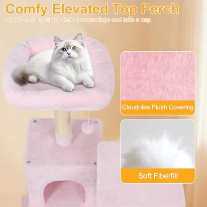 DORTALA Cat Tree for Indoor Cats, 58" Tall Cat Tower with Top Perch, Condo, Hammock, Sisal Scratching Posts, 3 Dangling Balls, Platforms, Multi-Level Pet Climbing Furniture Playground (Pink)