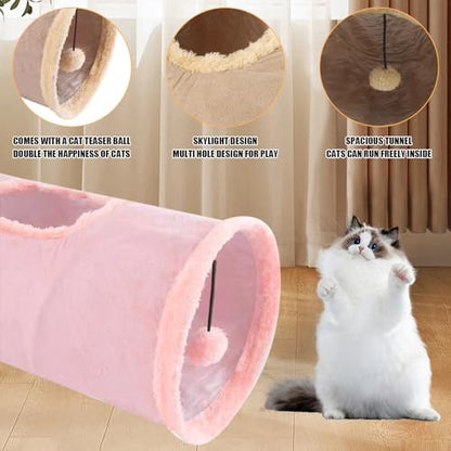 Cat Tunnel,Indoor Cat Play Tube Toys with Play Ball,Durable Collapsible Rabbit Hideaway Tunnel for Kitten,Bunny, Guinea Pig, Rat, Hamster, Ferret, Chinchilla (Pink)