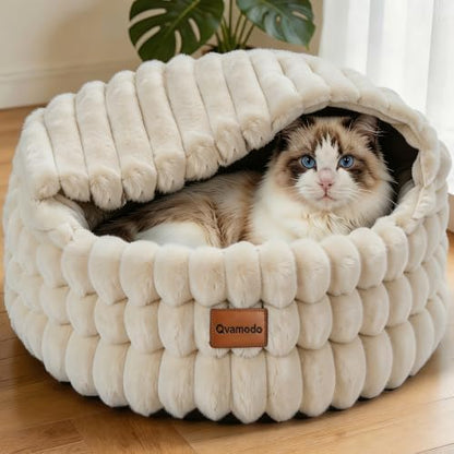 Cat Cave Bed for Indoor Cats Covered 2 in 1 Pet Burrow Beds (Beige)