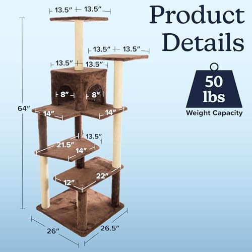 64 Inch Tall Cat Tree Tower - Cat Tower with Kitten Condo, Climbing Perches, and 5 Jute Rope Scratching Posts - Multi-Level Kitten Tree and Climbing Activity Furniture by PETMAKER (Brown)