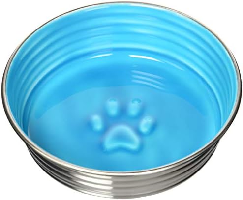 Loving Pets - Le BOL Dog Food Water Bowl Enamel Ceramic Bowl No Tip Stainless Steel Pet Bowl No Skid Spill Proof (Medium, Seine Blue)