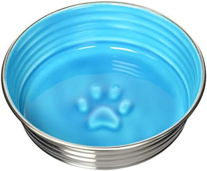 Loving Pets - Le BOL Dog Food Water Bowl Enamel Ceramic Bowl No Tip Stainless Steel Pet Bowl No Skid Spill Proof (Medium, Seine Blue)
