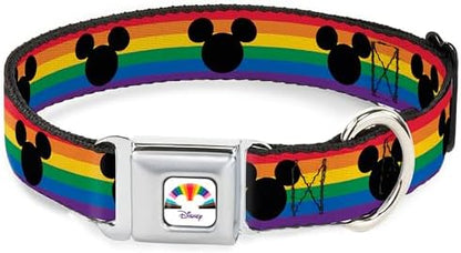 Disney Pet Collar, Dog Collar Metal Seatbelt Buckle, Mickey Mouse Ears Icon Rainbow Pride Flag, 15 to 24 Inches 1.0 Inch Wide