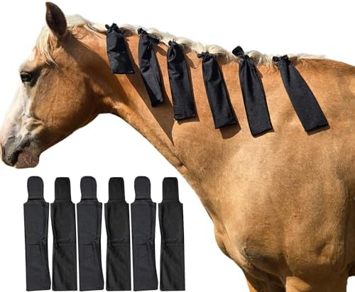Horse Mane Bags for Horses, Set of 6 Handmade Lycra Mane Bags, Helps Reduce Tangles, Breakage & Rubbing, Washable Braided Mane Covers for Longer, Healthier Manes, Ranch Hand (Black)