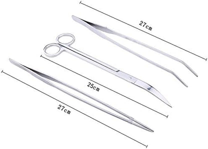 FEITA Aquarium Tweezer Set - Long Stainless Steel Curved & Straight Feeding Tweezers Scissors Maintenance Tools Kit (3 Pcs)
