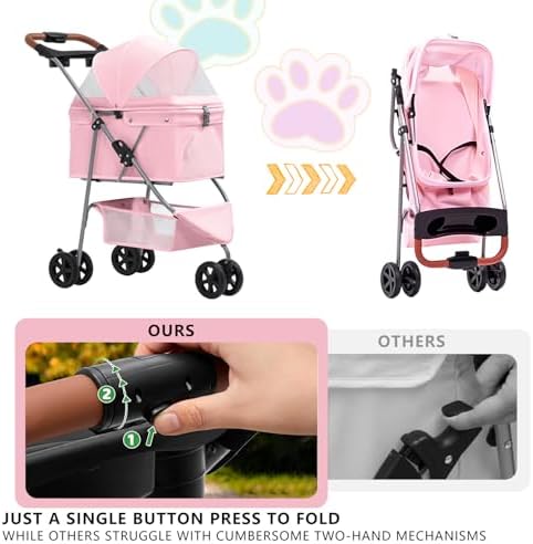 Pet Stroller for Small/Medium Dogs and Cats, Foldable 3 Wheel Jogger,One-Click Fold,Breathable Mesh, Storage Basket,Cup Holder,Weather Cover,(Pink)