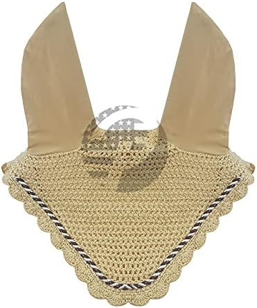 Horse Ear Bonnet Fly Veil Crochet Equestrian with Piping 30 Color Full/COB/Pony (Large/Full, Cream/TAN)