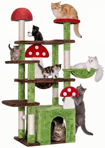 IRONCK 58" Cute Mushroom Cat Tree with Condo and Hammock