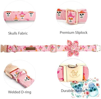 Elegant little tail Halloween Dog Collar, Ghosts Print Pumpkin Pet Collars with Flower Puppy Collar Flower Female or Male Cotton Adjustable Collars for Small Medium Large Dogs