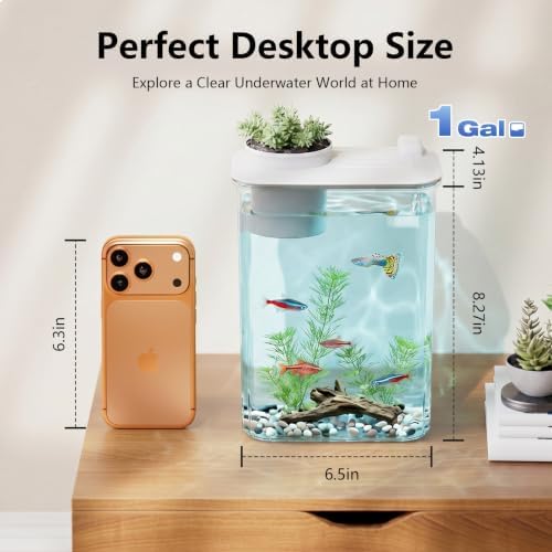 1 Gallon Betta Fish Tank Aquarium Starter Kit with Light and Lid(White)
