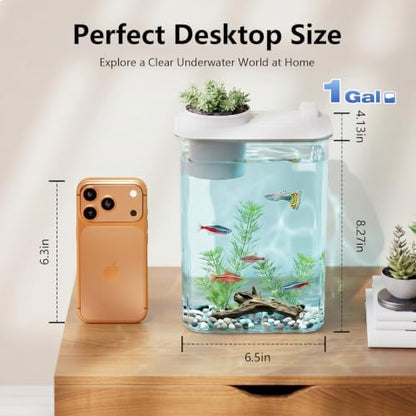 1 Gallon Betta Fish Tank Aquarium Starter Kit with Light and Lid(White)