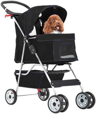 FDW Pet Stroller 4-Wheel Dog Cat Stroller Travel Folding Carrier Puppy Stroller with Cup Holder and Removable Liner for Small Medium Dogs Cats, Black
